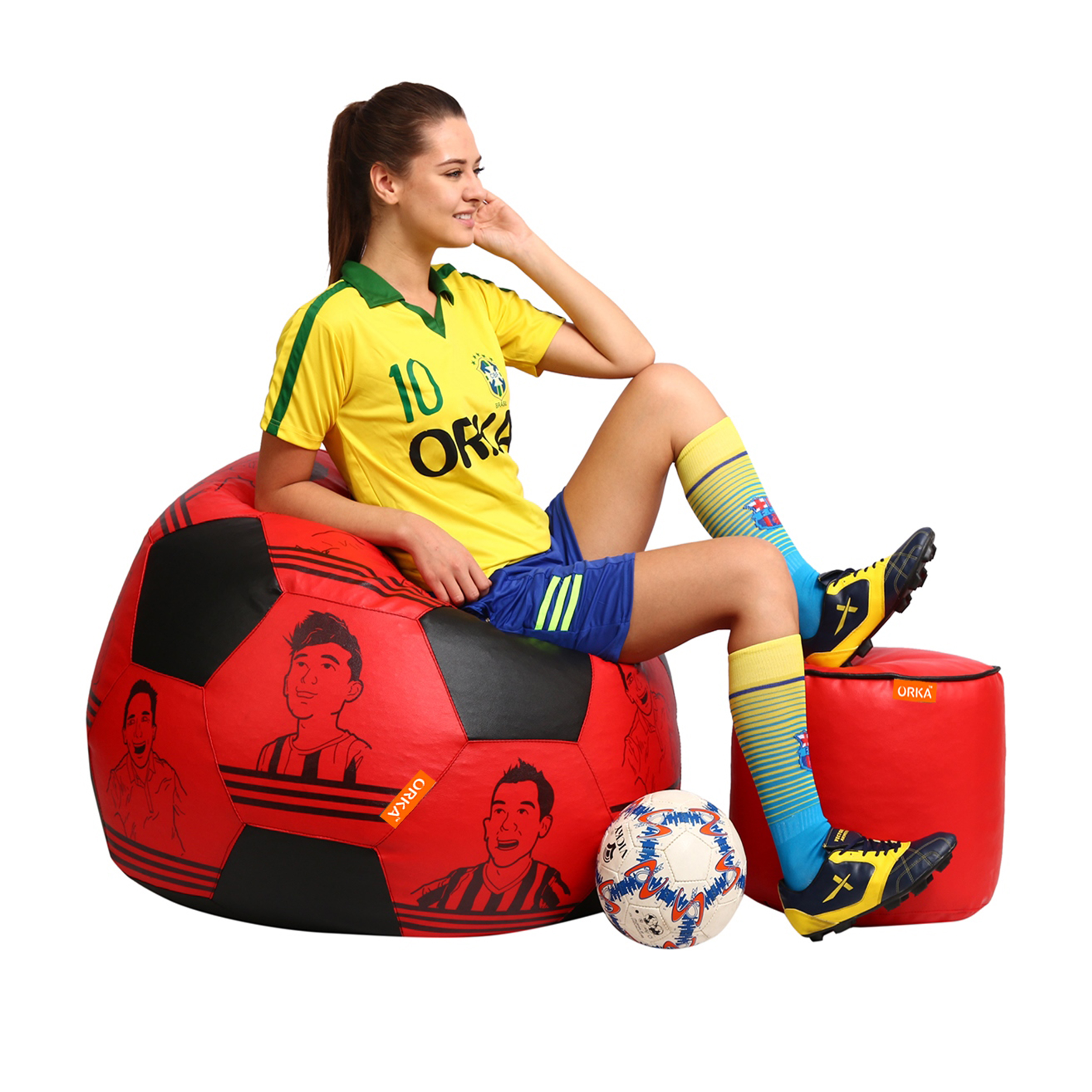 Orka Digital Printed XXL Foorball With Mathching Footstool Filled Bean Bag With Beans (FB16 Red,Black) view 3